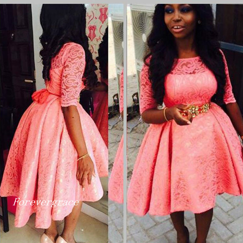 Robe de bal courte en dentelle de corail pour fille noire sud-africaine, ligne A, demi-manches, robe de soirée formelle, sur mesure, grande taill