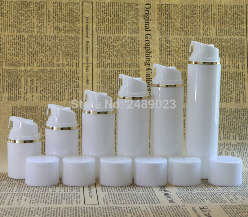

Wholesale- Golden edge White cap Airless Pump Bottle Plastic Airless Bottles Vacuum cosmetic Lotion Containers 2 pcs/lot 30ml 50ml 100ml