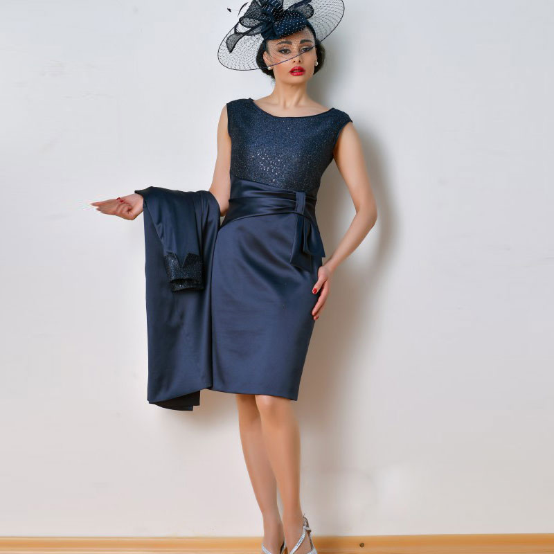 

Navy Blue Mother Of The Bride Dresses Bateau Neck Sequined Sheath Wedding Guest Dress Knee Length Plus Size Formal Gowns