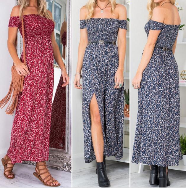 

Women Summer Floral Print Tunika Maxi Dress Slash Neck Strapless Beach Split Long Dress YSM, Red