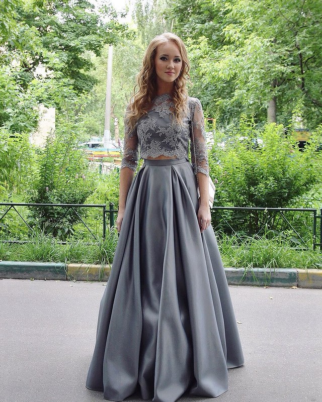 grey two piece prom dress