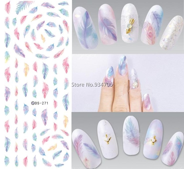 

Wholesale-DS271 Design Water Transfer Nails Art Sticker Harajuku Rainbow Feathers Nail Wraps Sticker Watermark Fingernails Decals, As pic