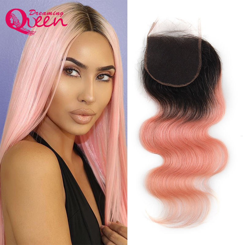 

1B Pink Body Wave Lace Closure Ombre Brazilian Human Hair Pink 4x4 Closures Virgin Human Hair Dreaming Queen Hair