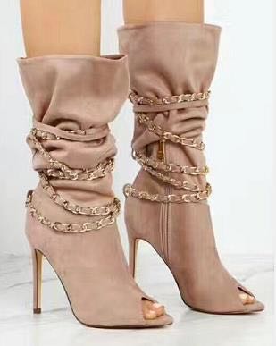 

Womens Peep Toe Boots Thin Heels Wedding Denim Chains Ankle Boots Cowboy Female With Fish Head Sandals High Quality, Black