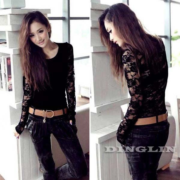 Gros-2016 Mode Élégant Femmes À Manches Longues O-Neck Top Dentelle Floral Print Évider Noir Femmes Sexy Party T-Shirt Tops Tee CL1328