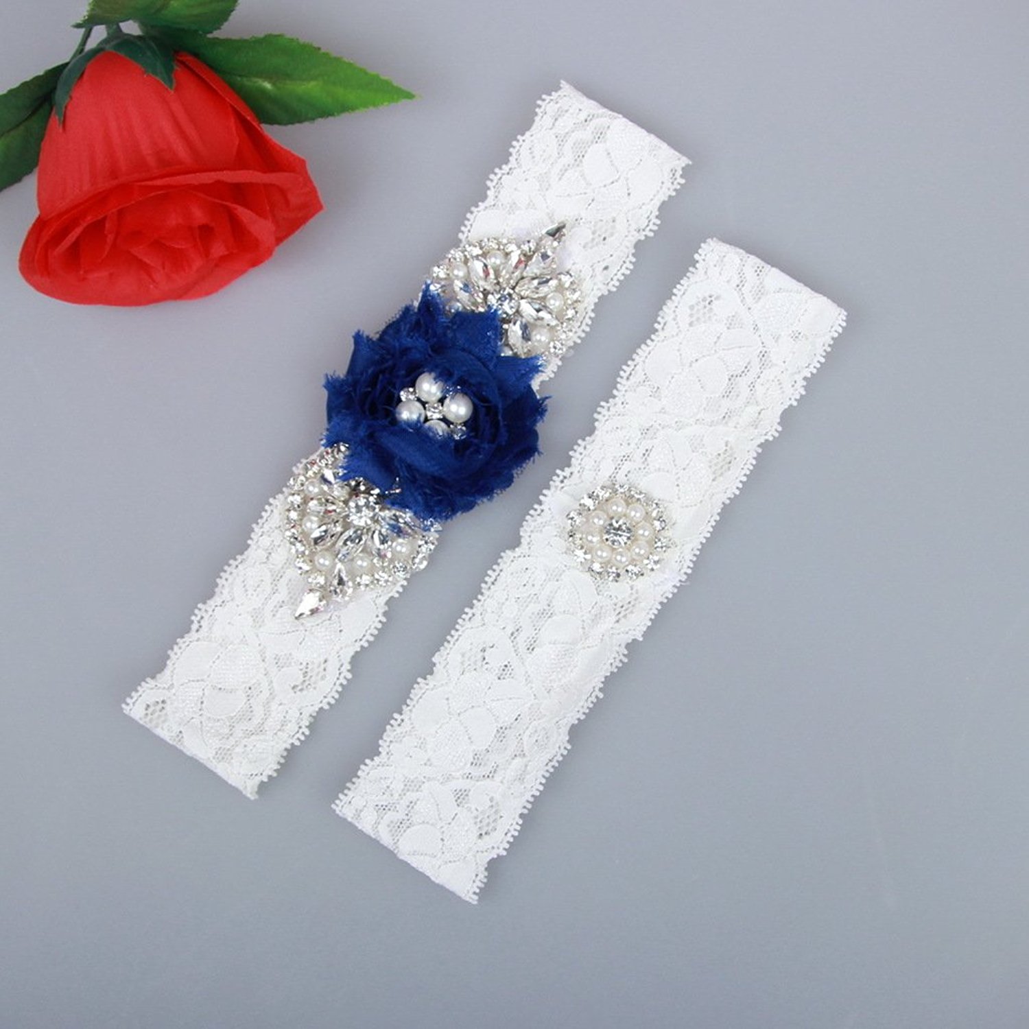 

2 Pieces Set Bridal Garters Lace Wedding Belt Set Pearls Handmade Royal Blue Chiffon Flower Rhinestones Vintage Prom Gift Cheap In Stock