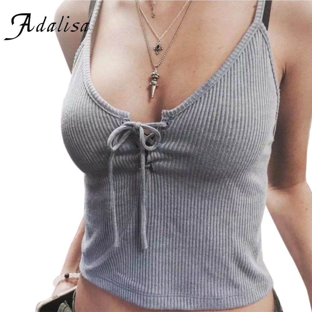 

Wholesale- 2016 Spaghetti Strap Lace up Camis Camisole Cropped Top 4 Colors Women Summer Sexy Knitted Low Cut Tank Top, Dark grey