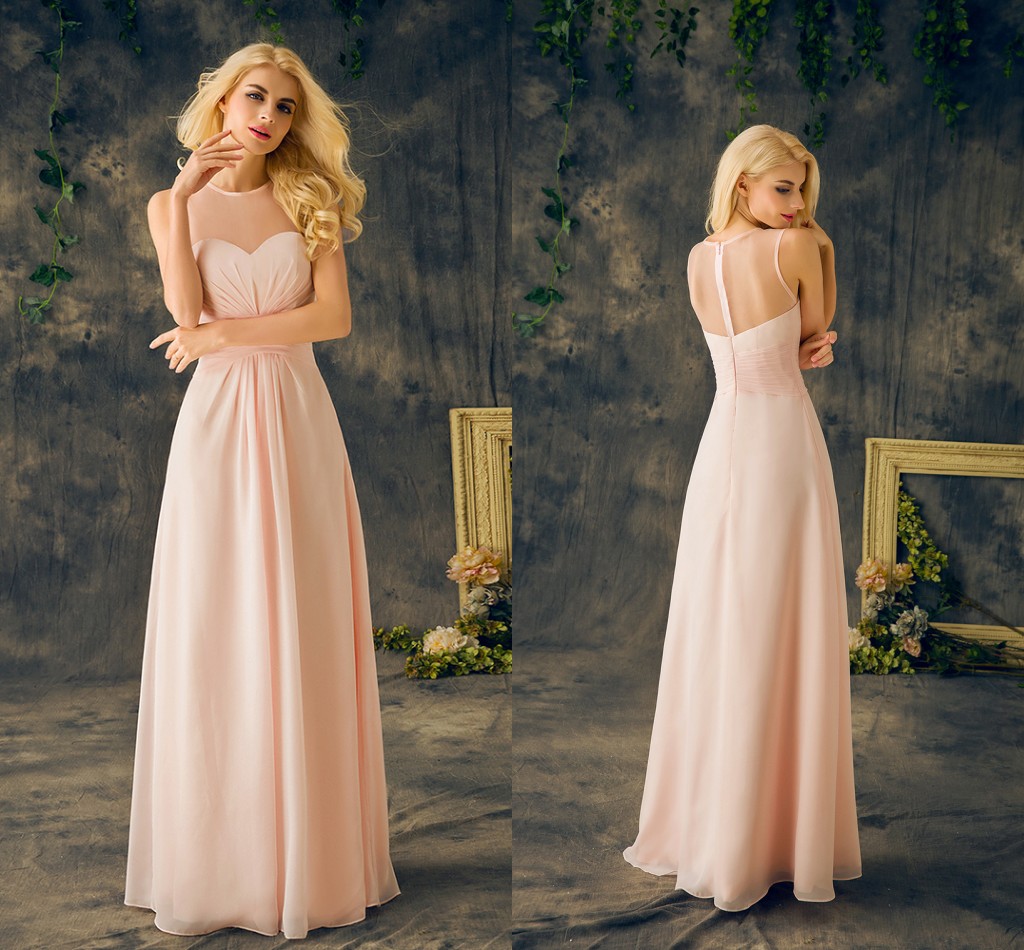 2021 Baby Pink Bridesmaids Dresses Real Sheer Round Neck Sleeveless A Line Long Chiffon Junior Cheap Maid Of Honor Dresses For Wedding