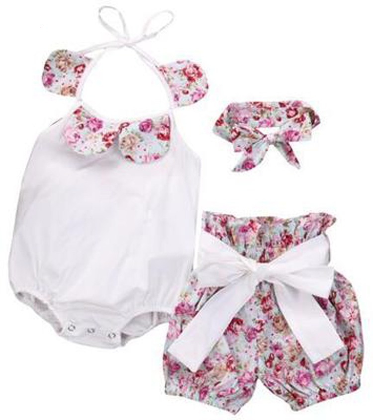 

3 Styles INS Baby Flower Rompers+Hair band+PP pants Girl Print Cotton sleeveless romper with Bow Girls Ruffled Jumpsuit, 3#