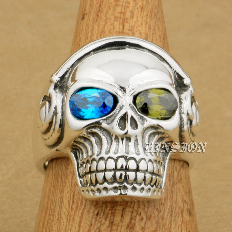 

LINSION Blue + Green CZ Eyes 925 Sterling Silver DJ Skull Studio Music Headphone Mens Boys Biker Rock Punk Ring 8Y611 US Size 7 to 15