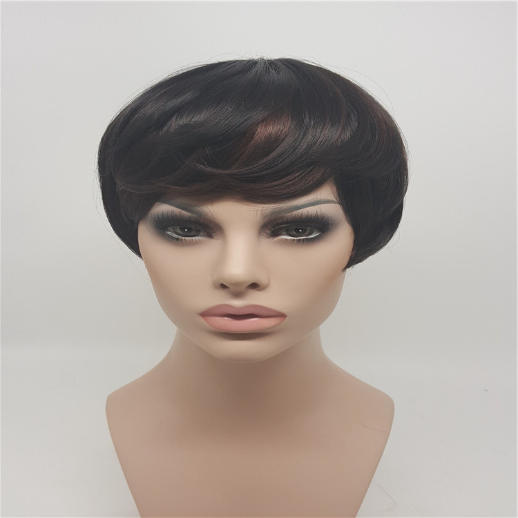 XT1040 Hot Sale Natural Black Straight Short Wig Africa American Ladys' Hair Cap Full Lace with Slanted Bangs Synthetic Heat-Resistant Fiber-image-398416661