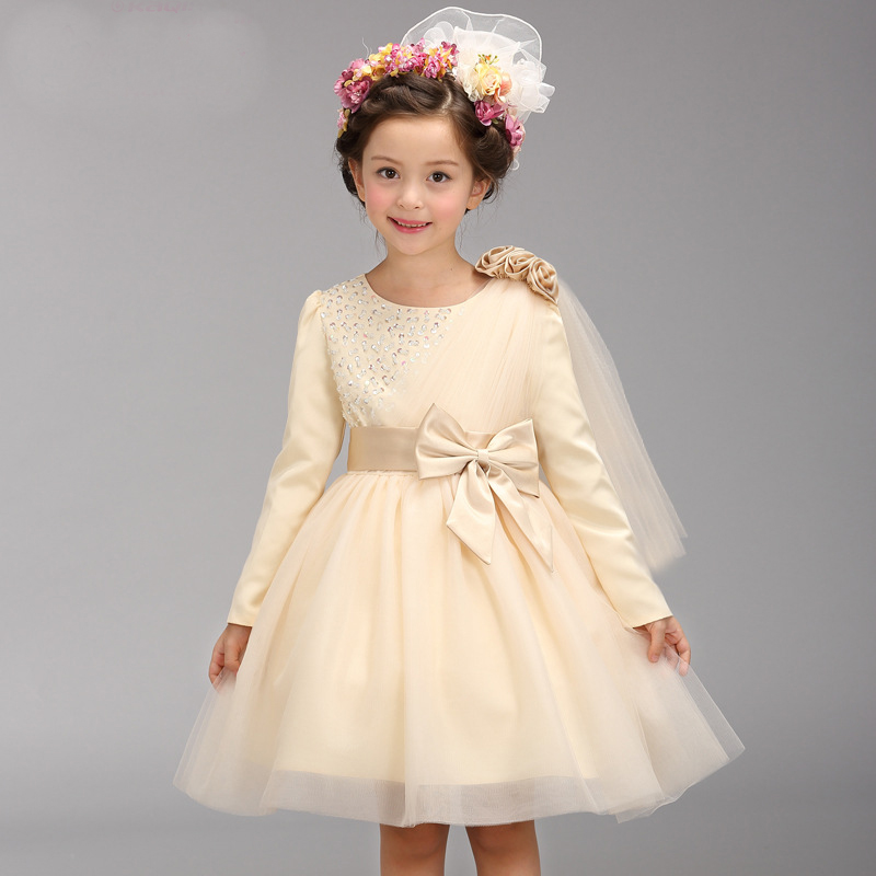 

Romantic Champagne Puffy Lace Flower Girl Dress for Weddings Organza Muslim Dress Girl Party Communion Dress Pageant Gown