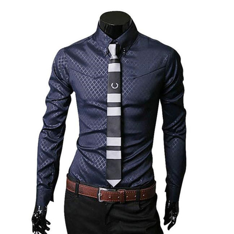 

Wholesale- Spring Autumn Fashion Geometric Men Shirt Casual Long Sleeve Tops Luxury Blouse Formal Business Camisa Social Masculina Oct13, White