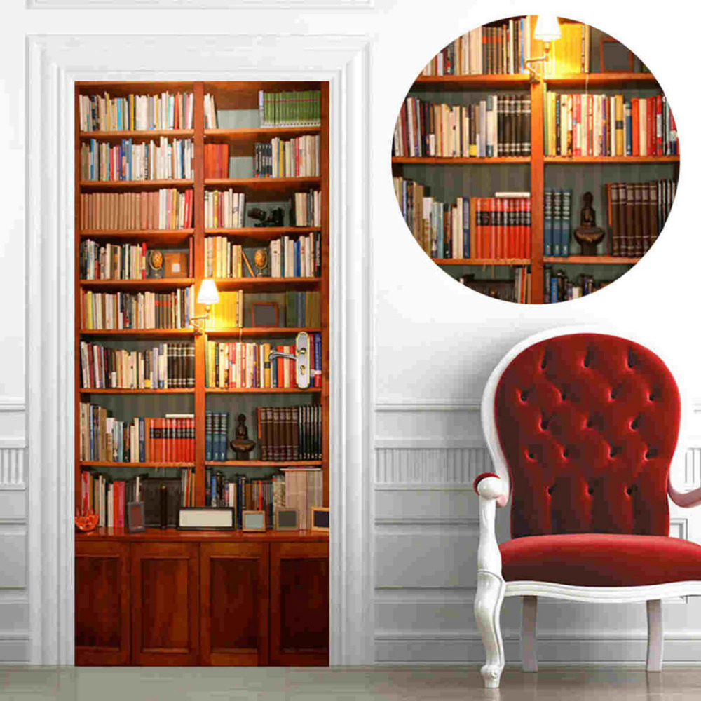 

77x200cm 3D Vivid Retro Bookcase Wall Stickers DIY Mural Study Room Classroom Library Door Poster PVC Waterproof Sticker