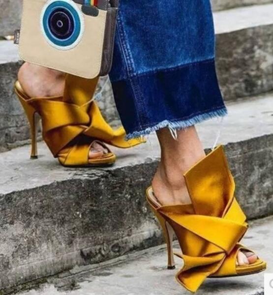 

2017 new arrival women high heels bowtie sandals slip on gladiator sandals yellow color sexy party shoes thin heel slides, Multi