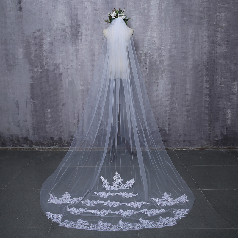 

2019 Bride Veils White Applique Tulle 3 meters veu de noiva long wedding bridal accessories lace veil, Ivory
