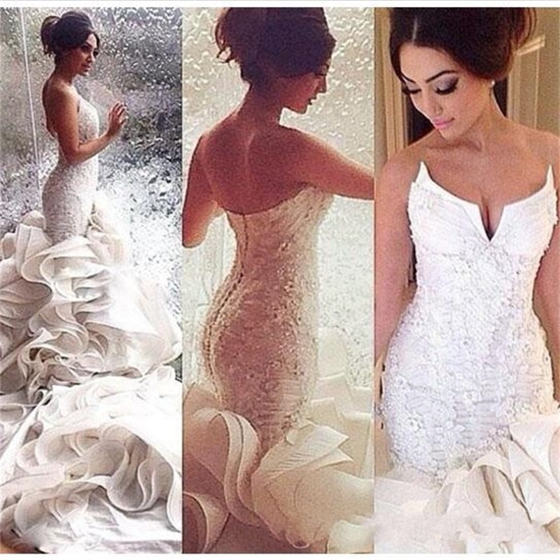 

2021 Sexy Mermaid Wedding Dresses Lace Applique Beaded Organza Ruffles V Neck Long Train Backless Luxury Bridal Gowns Vestido De Novia, Ivory