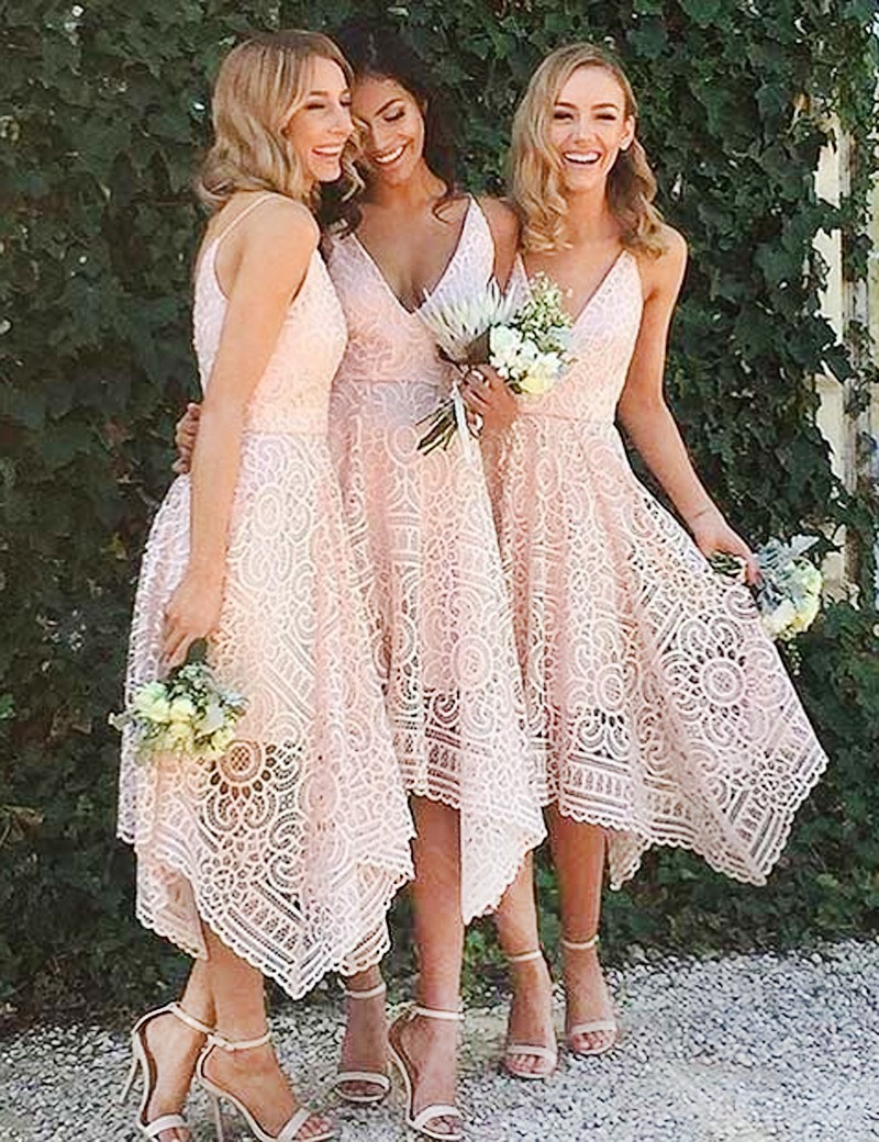2019 New Style Elegant Tea Length Blush Pink Lace Bridesmaid Dress Irregular Hem V Neck Maid of Honor Country Wedding Guest Gowns