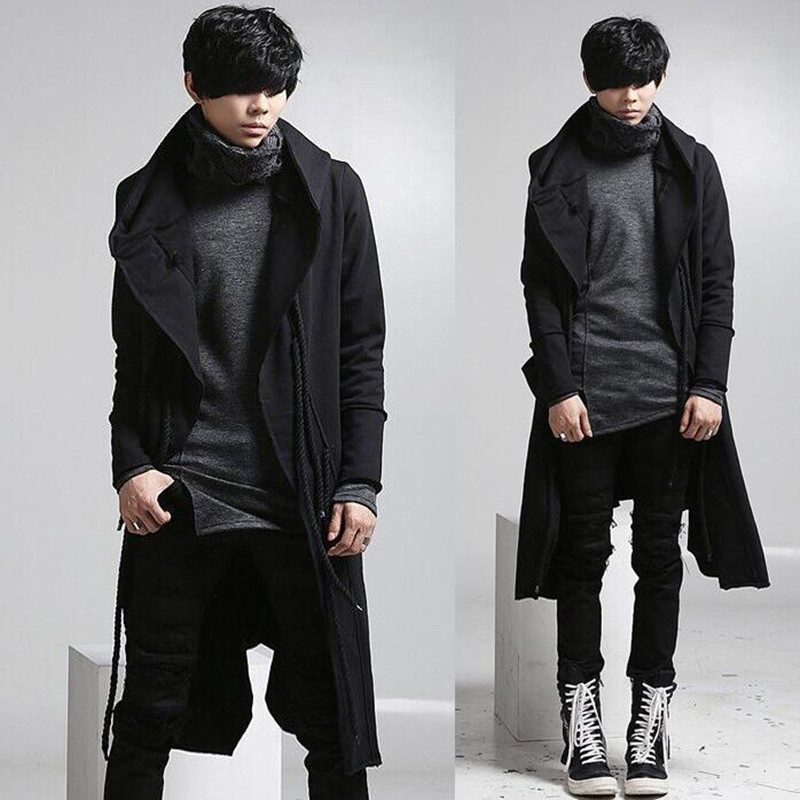 

Wholesale- New fashion long trench coat men hip hop black long coat hoodie jacket mens casual wool overcoat hooded manteau homme cappotto