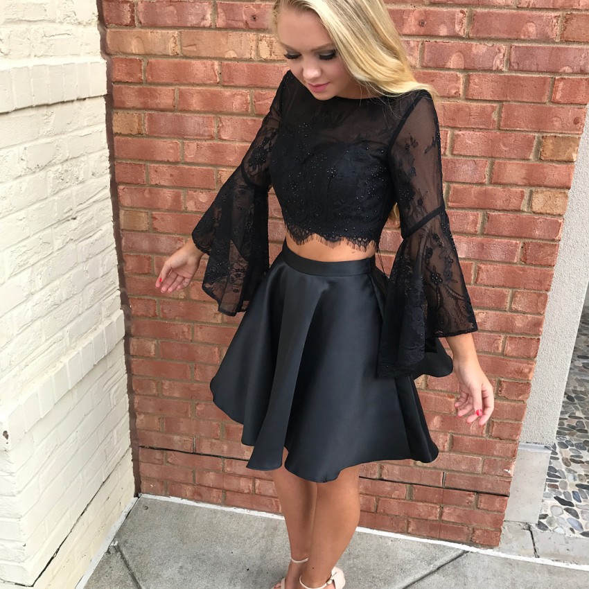 

Long Sleeves Two Piece Black Homecoming Dresses Bateau Neck Lace Satin Backless Trumpet Short Prom Dresses Cheap Party Dresses, Lilac