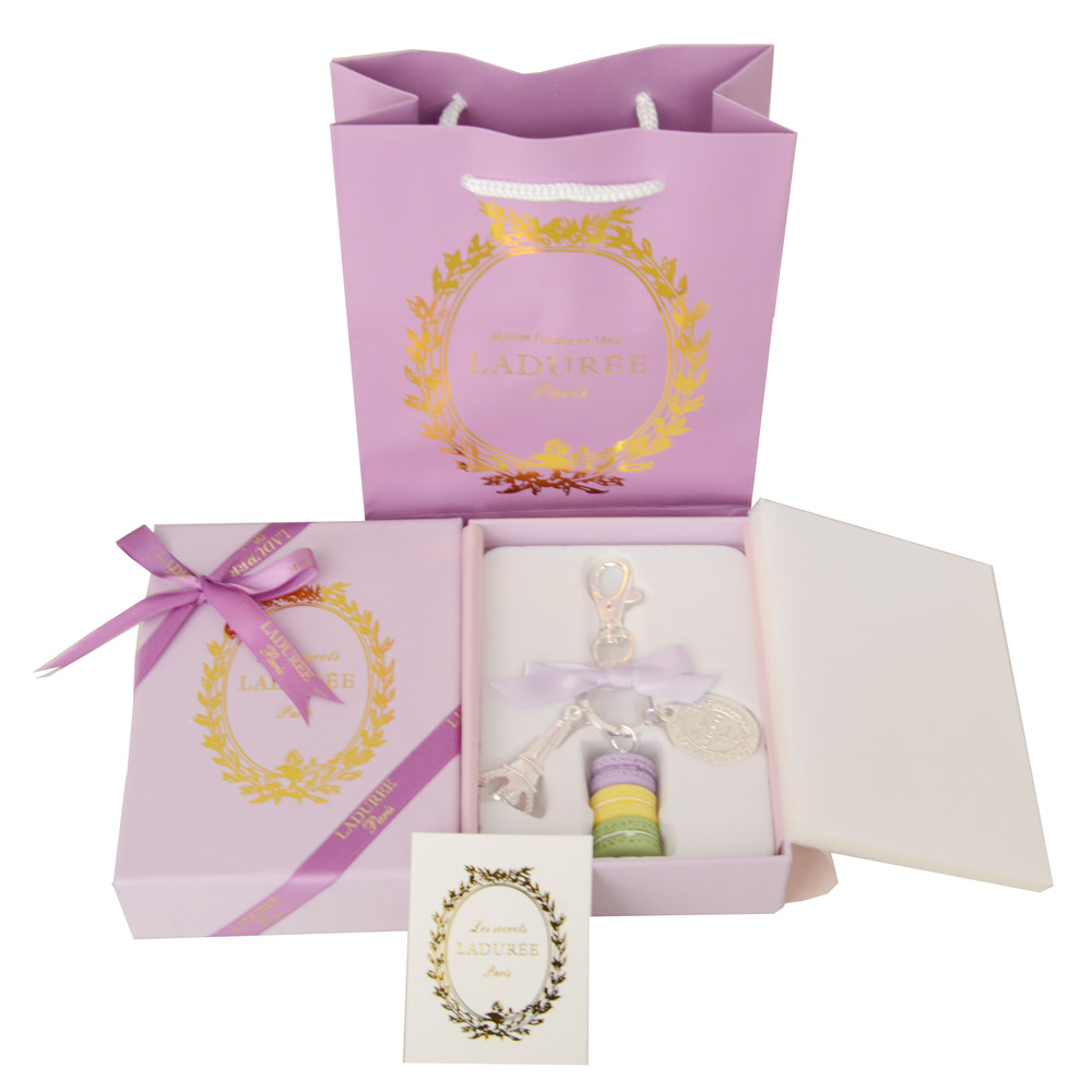 

Fashion Shiny Silver Keyring France LADUREE Macaron Effiel Tower Metal Keychain bag charm accessories w gift box and handbag, Slivery;golden
