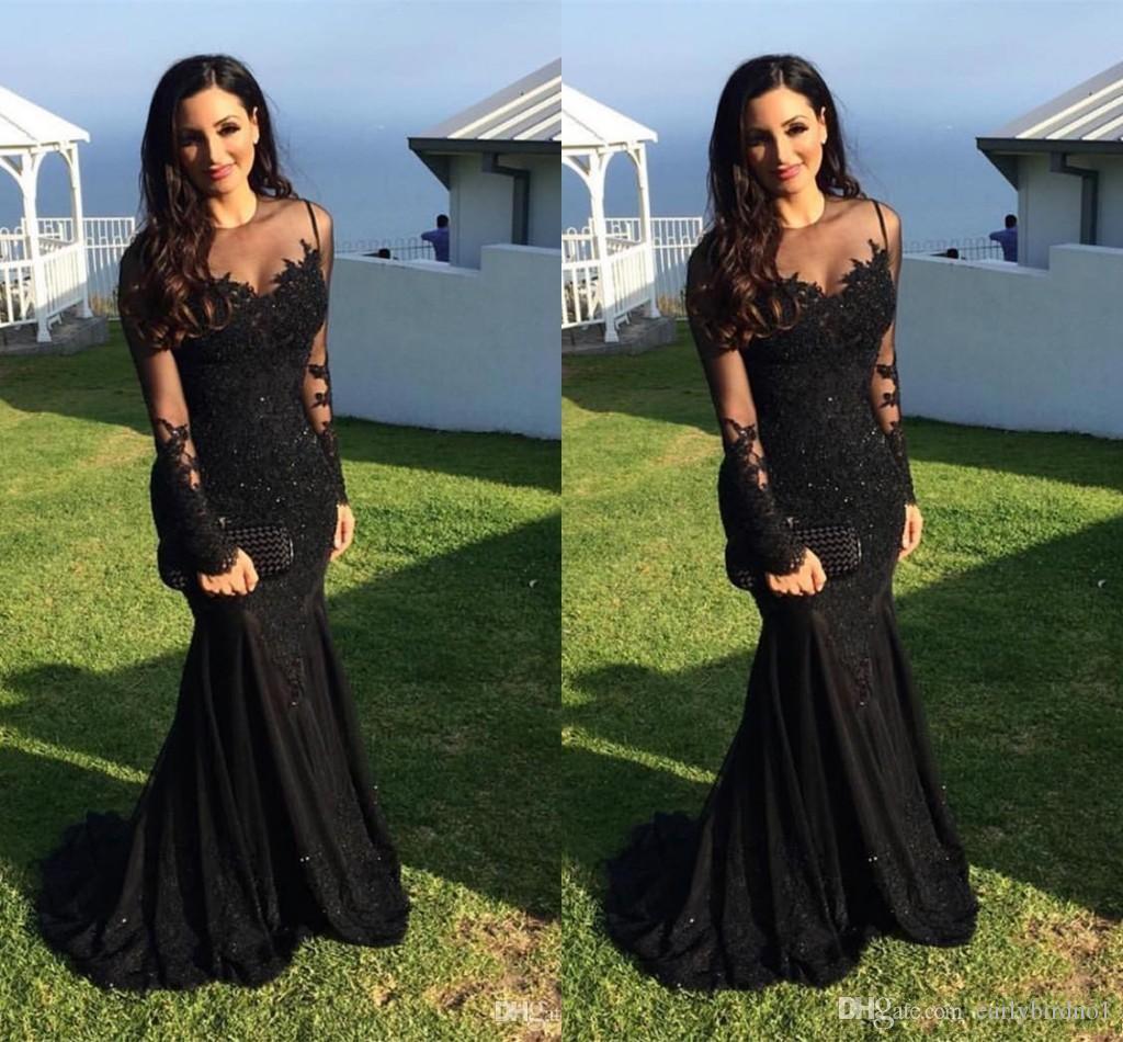 

2020 Sexy Arabic Black Prom Party Dress Jewel Neck Illusion Lace Appliques Crystal Beaded Mermaid Long Sleeves Formal Evening Gowns, Silver