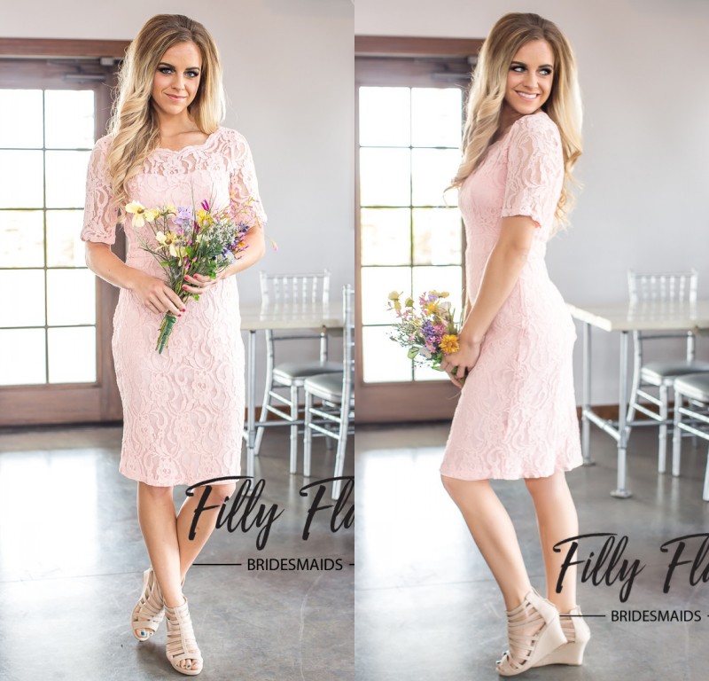 

2017 Light Pink Short Lace Bridesmaid Dresses Short Sleeves Sheath Maid of Honor Gowns Beach Wedding Party Prom Dress