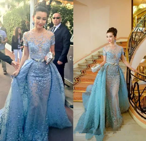 

Cannes Film Festival Zuhair Murad Celebrity Dresses With Detachable Train Sheer Neck Mermaid Evening Dress Red Carpet Short Sleeve Prom Gown, Light sky blue