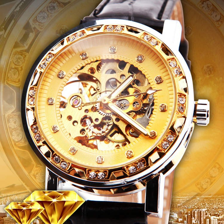 

Relogio Masculino Winner Royal Diamond Design Black Gold Watch Montre Homme Women Watches Brand Luxury Skeleton Mechanical Watch