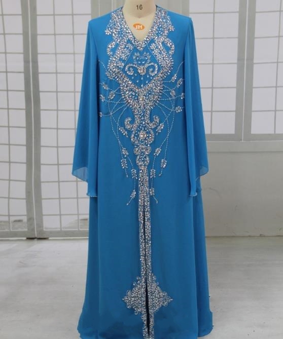 

Bright Blue Long Sleeve Mother Of The Bride Dresses Beaded Crystal Muslim Evening Dress V Neck Chiffon Zipper Formal Evening Gown With Split