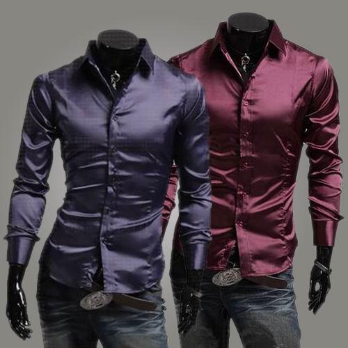 

New Men shirts men Emulation silk shiny leisure men's long sleeve shirt Wine Black Purple 3 colours Dress Shirts Men's Clothing