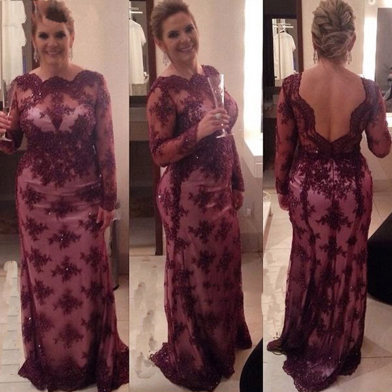 

Burgundy Mother Of The Bride Dresses 2018 Sheer With Long Sleeves Sheath Open Back Designer Evening Grooms Gowns Mae Da Noiva