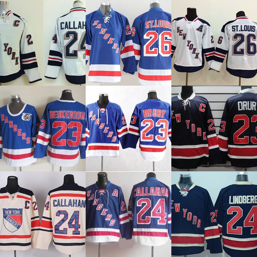 Factory Outlet Men Rangers de New York # 23 Beukeboom # 23 Drury # 24 Callahan Lindbery # 26 St.Louis Beige Blue White Plus récents maillots de h