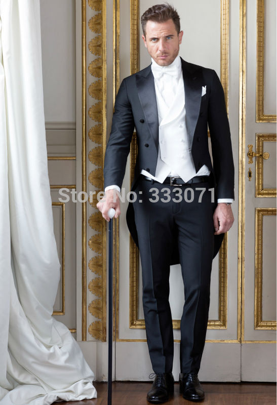 

Wholesale- Tailor Made Italian Style Morning Tailcoat Black Double Breasted Groom Tuxedos 3 Piece Mens Wedding Suits Gentleman Suit Terno