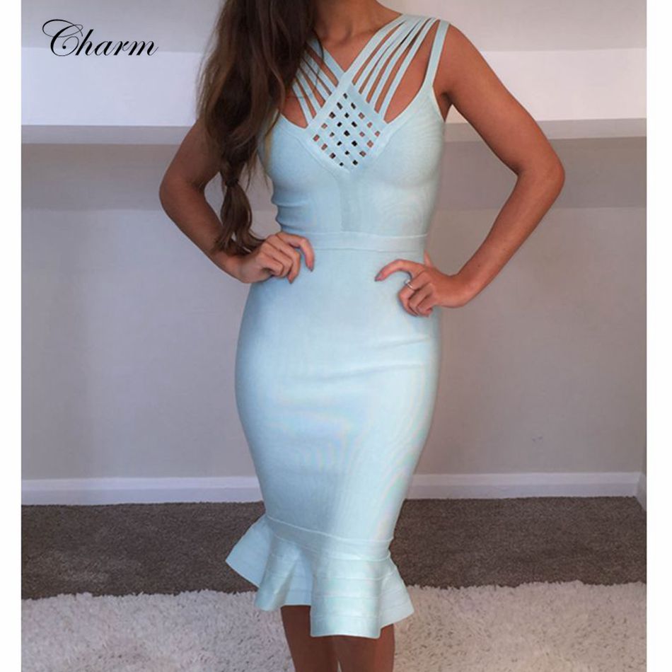 

Wholesale- 2017 New Spring Bandage Dresses Women Light Blue Black Deep Blue Apricot Knee Length Sexy Mermaid Style Celebrity Pary Dress