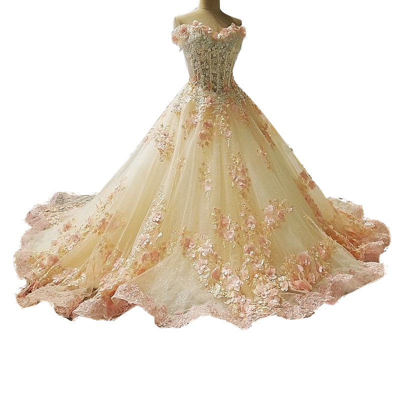 

Vintage Royal Court Ball Gown Luxury Wedding Dresses Love Bridal Colorful Wedding Gowns Dubai Abaya Ruffles Flowers Appliqued, Gold