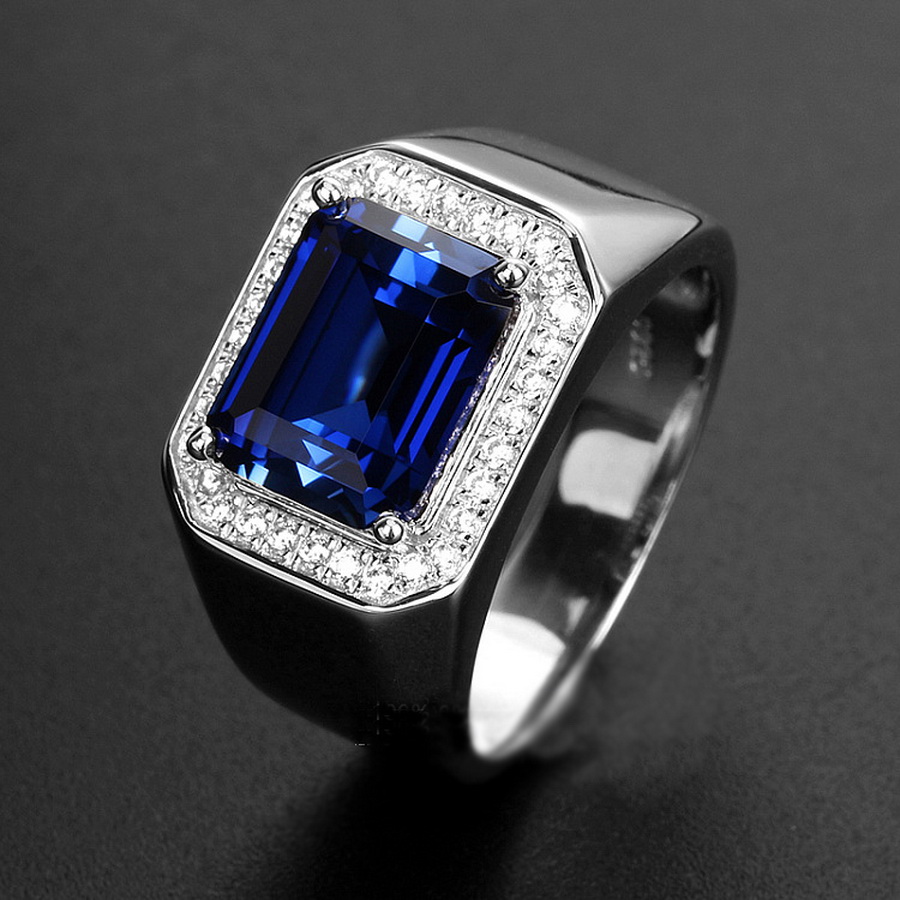 

Mens Sapphire Ring with Side Diamonds Blue Corundum 925 Sterling Silver Open End Ring Plated Platinum Ring Tanzania color