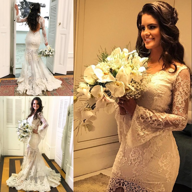 

Stylish Mermaid V-Neck Wedding Dress Lace Applique Long Sleeves Backless Wedding Dresses Sexy Mermaid Wedding Gowns Plus Size Bridal Dress, Ivory