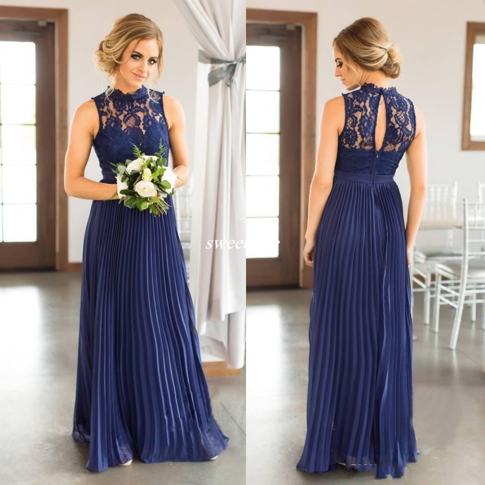 

2020 Blue Lace Bridesmaids Dresses Long Keyhole Back Wedding Guest Dress Floor Length Pleated Maid of Honor Gowns