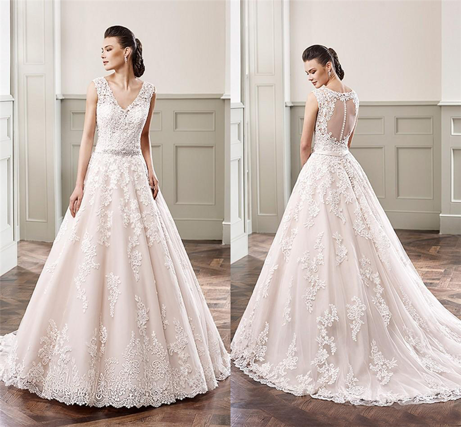 

A-Line Appliques Lace Sweep Train With Belt Wedding Gowns Custom Made Romantic Wedding Dresses V Neck Sleeveless, White