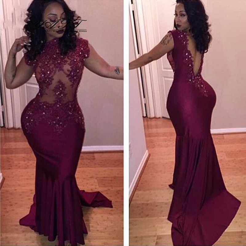 

African Lace Appliques Evening Dresses Beaded Sexy Backless Mermaid Burgundy Prom Dresses 2017 Formal Party Gowns, Light purple