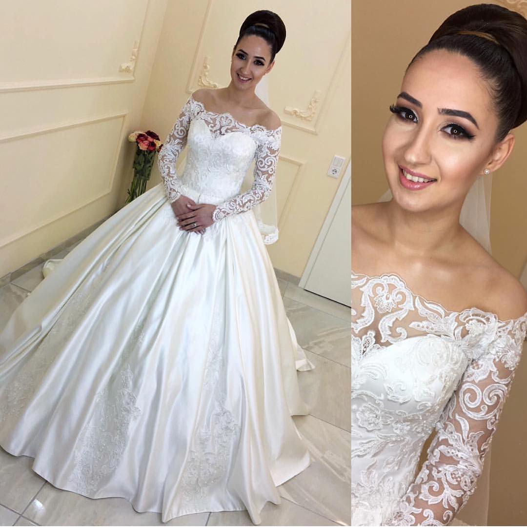 2017 New Sexy Ball Gown Wedding Dresses Off Shoulder Long Sleeves Illusion Lace Appliques Satin Plus Size Court Train Formal Bridal Gowns