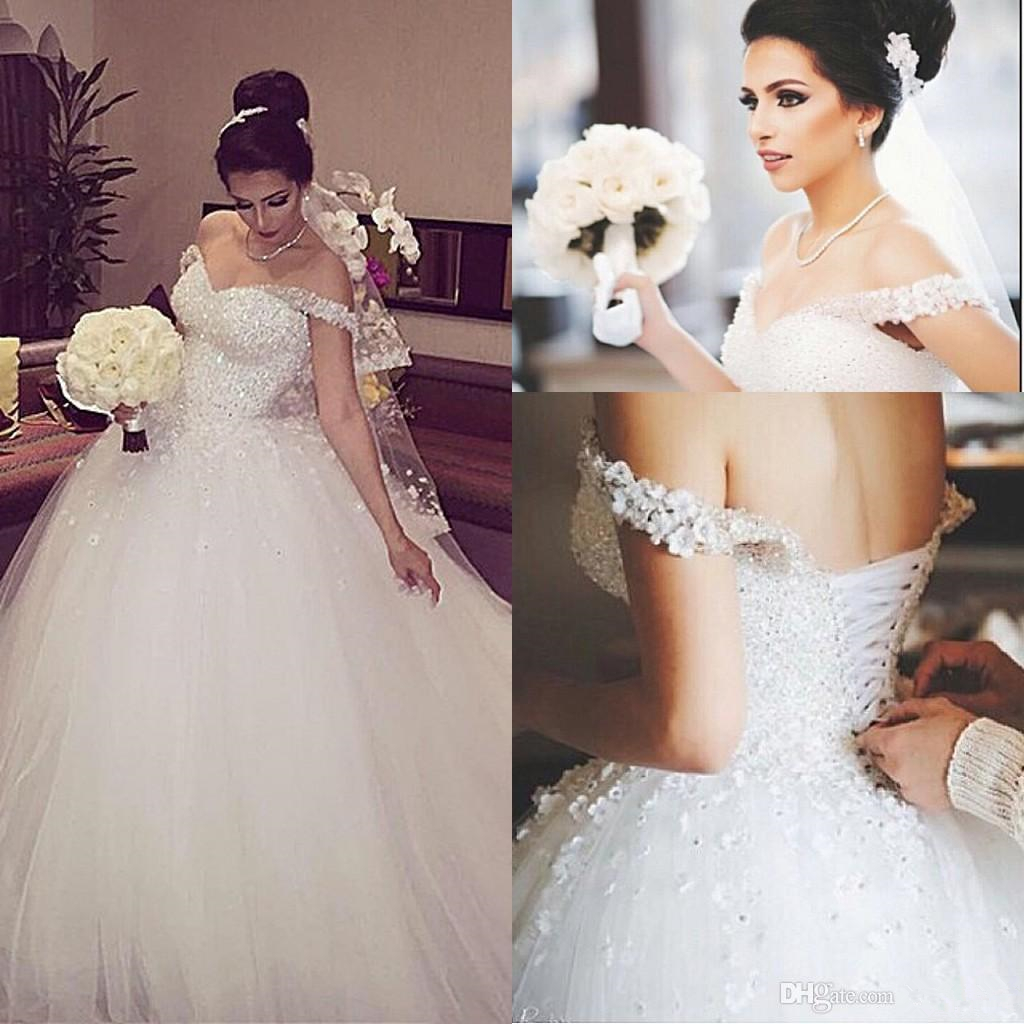 2021 cristaux brillant robe de balle blanche robe de mariée officiellement des paillettes d'épaule perles de lacets de lacets de lacets rondes de