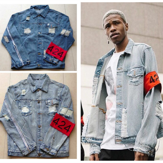 

Wholesale- hiphop men's clothes brand clothing Four Two Four 424 spring summer broken hole jeans designer ripped denim jacket, Blue