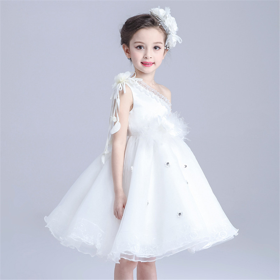 

Kids Girls Flower Bow Formal Party Ball Gown Prom Princess Bridesmaid Wedding Children Tutu Dress Flower Girls Dresses, White