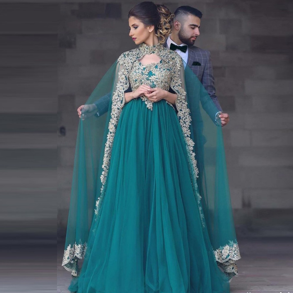 2020 New Hunter Green Arabic Muslim Evening Dresses Long Sleeves Appliques Two Piece With Wrap Formal Prom Dress Plus Size Dubai Party Gowns