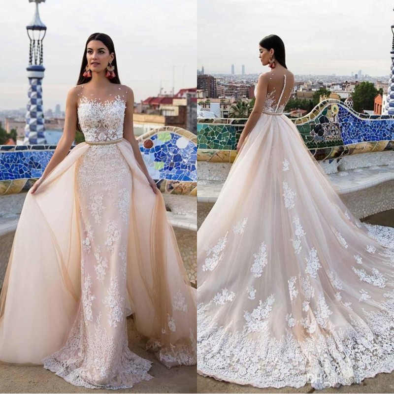 

Modern Milla Nova Bridal 2020 Wedding Dresses Champange Lace Beaded Sheer Neck Court Train Detachable Overskirt Gowns Country Garden, Pink