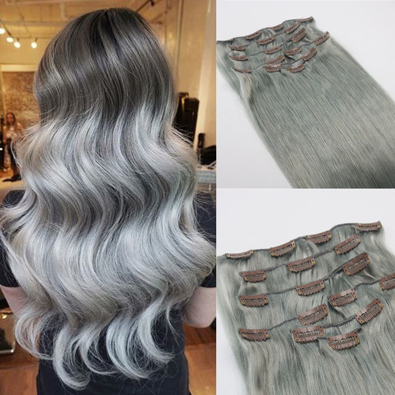

Human Hair Extensions Grey Brazilian Virgin Hair Extensions Clip In Silver Gray Best Seller DHL Fast Shipping