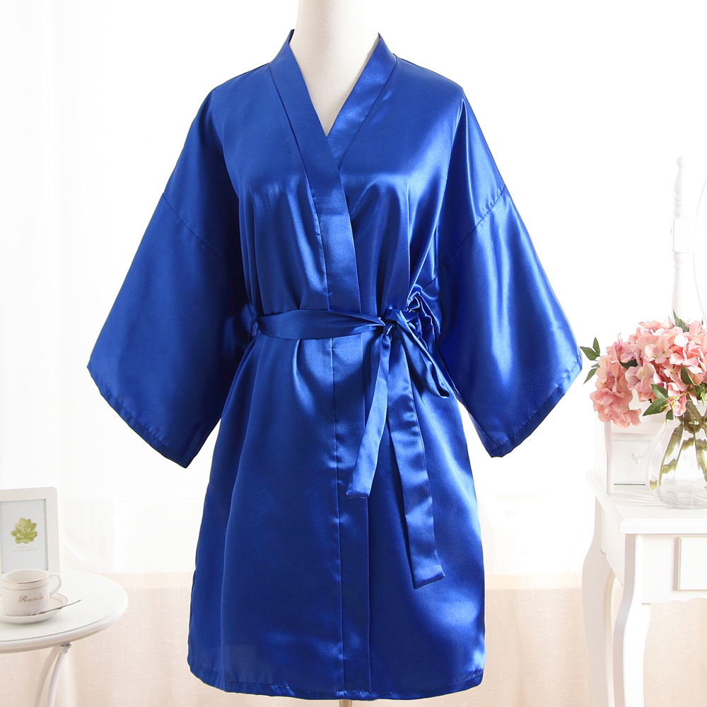 Wholesale- Royal Blue Sexy Brides Wedding Short Robe Dress Women's Plus Size Satin Nightgown Solid Color Kimono Bath Gown Sleepwear 0702