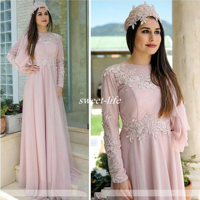 

Pink Long Sleeve Women Formal Evening Dresses Crew Neck Appliqued A-Line Tulle Muslim Hijab Mother of the Bride Dress Formal Wear Plus Size, Brown